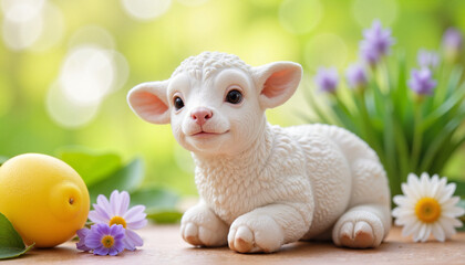Fototapeta premium Cute lamb smiling with flowers and lemon in the garden
