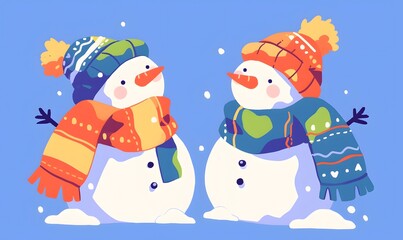 Fototapeta premium Cartoon snowmen, snowy mountains and purple sky background, Generative AI