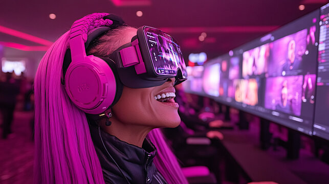 Futuristische Gamerin mit VR-Headset und Kopfh&ouml;rern in neonbeleuchteter Gaming-Lounge &ndash; Virtuelle Realit&auml;t und immersive Unterhaltung  
