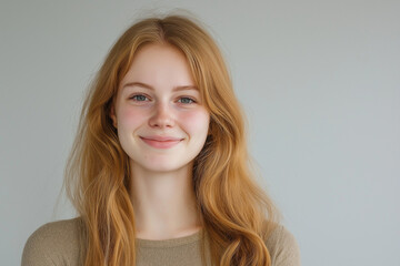 Fototapeta premium Portrait of Young Happy Woman Smiling and Looking in Camera Joyful Female Expression