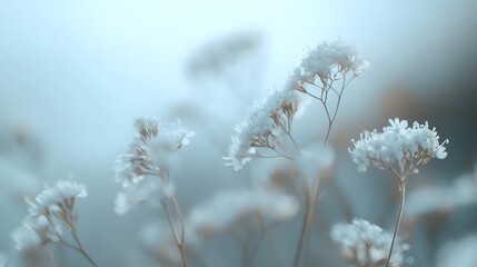 Delicate white flowers bloom softly in a serene blue haze