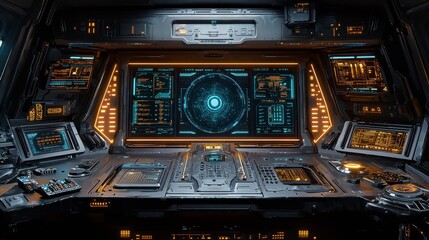 Futuristic spaceship control panel with glowing screens and interfaces.
