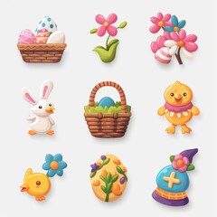 Obraz premium Basket of eggs and a bunny is shown in the top left corner