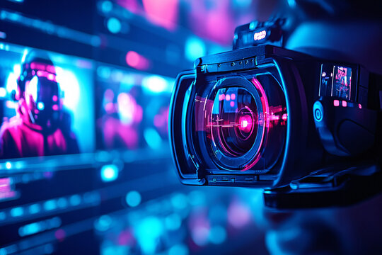 Futuristische Kameraaufnahme mit neonfarbener Cyberpunk-Ästhetik – Hightech-Filmproduktion und digitale Überwachung in lebendigen Farben  
