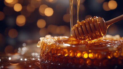A scene of honey drizzling from a stick onto a honeycomb with warm lighting enhancing the rich amber tones and healthful appeal of the honey