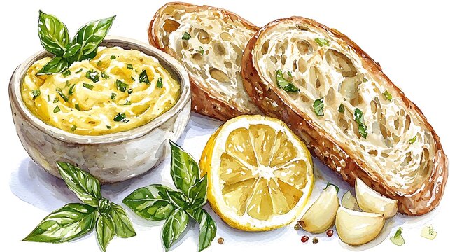 Watercolor Painting of Creamy Garlic Basil Spread with Toasted Bread and Lemon