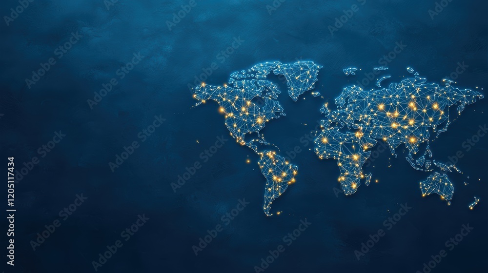 Poster global network connections digital world map with glowing interconnected lines and nodes, visualizin