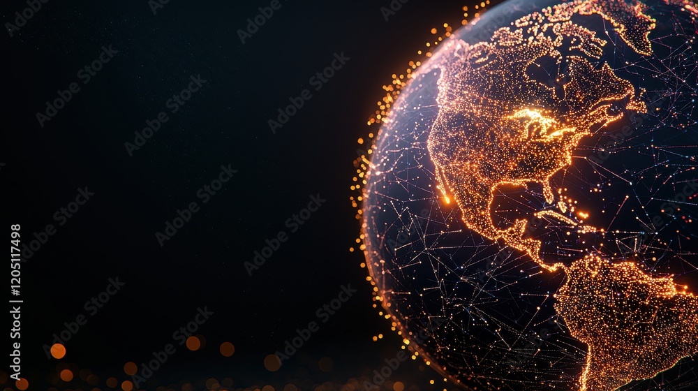Poster global network connections rotating globe with digital lines and data points, visualizing internet t