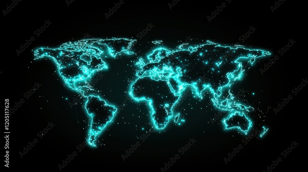 Poster technology and data visualization futuristic world map with holographic data projections, illustrati