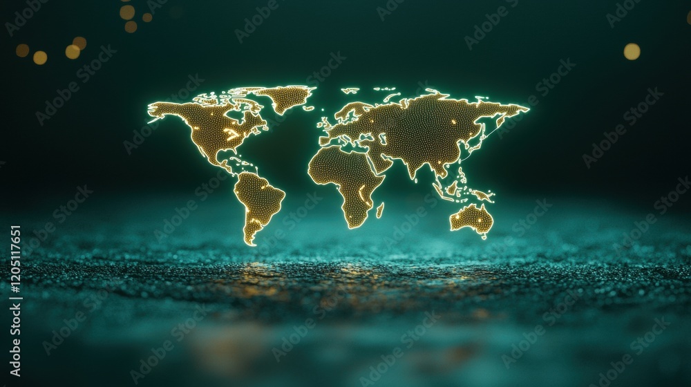 Poster futuristic maps holographic world map floating in a dark space, with glowing neon outlines and dynam