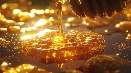 A stick pouring honey onto a honeycomb with detailed textures and rich golden colors highlighting the natural sweetness and health benefits