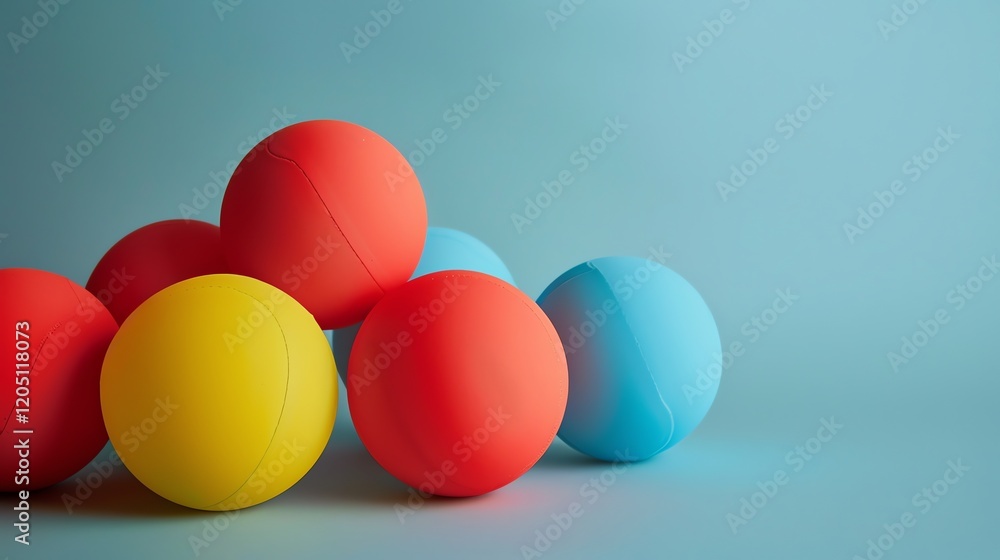 Poster this is a 3d rendering of a group of colorful balls. the balls are red, blue, and yellow and have a 