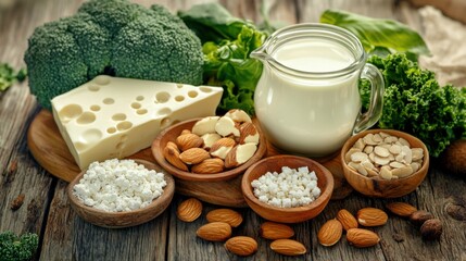 A detailed look at calcium-rich foods, featuring dairy products, leafy greens