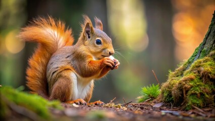 Fototapeta premium closeup of a red squirrel with a nut in its mouth, partially covered by fur , forest floor, tree