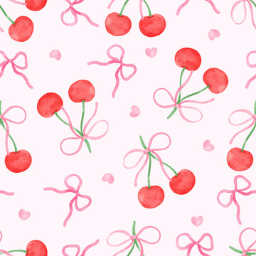 Watercolor coquette cherry bows seamless pattern Summer fruit background Trendy girly printable fabric