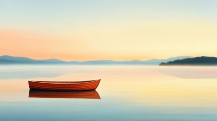 Solitary Rowboat Anchored on a Misty Calm Lake at Sunrise