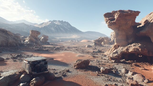 Martian rover exploring rocky desert landscape
