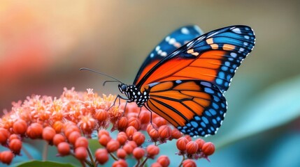 Obraz premium Vivid Butterfly Resting On Cluster Of Wildflowers In Gentle Light