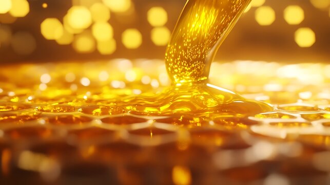 Fresh honey flowing smoothly from a stick onto a honeycomb with the golden liquid reflecting light creating a sense of warmth and health