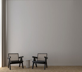 Modern interior design white living room and cozy black chairs furniture mock up and empty wall background. 3D rendering. 