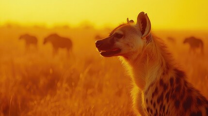 A hyena silhouette against a sunset backdrop, with elephants in the distance.