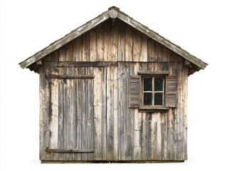 Rustic Wooden Shed: A charming rustic wooden shed with weathered gray wood, a small window with shutters, and a double door, standing as a symbol of simple country life. 