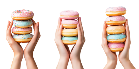 Set of a pair of hands holding colorful doughnuts, isolated on a transparent background.