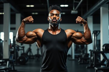 Portrait of a confident African American man showcasing his muscular physique by flexing in a modern gym. Perfect for fitness, bodybuilding, health, and strength-related themes or ads.