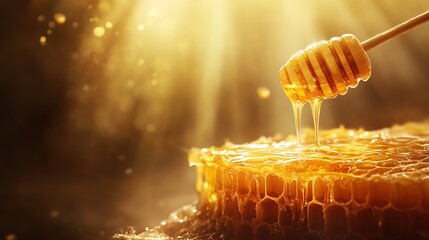 Fresh honey cascading from a stick onto a honeycomb with detailed textures and warm light creating a sense of health and natural sweetness