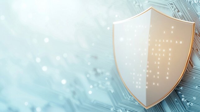 Cybersecurity Shields Futuristic shield with digital circuits and binary code, representing advanced cybersecurity protection and data encryption.