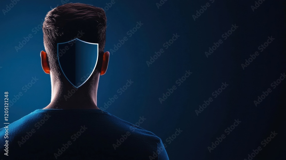 Poster hacker prevention silhouette of a hacker attempting to breach a firewall protected by a shield icon,
