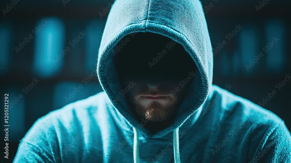 Poster hacker prevention person wearing a hoodie obscured by shadow, trying to break through a digital shie