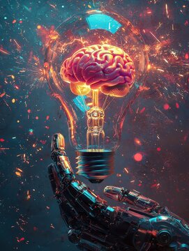 Robot hand grasps an exploding lightbulb revealing a brain, symbolizing the fusion of technology and intelligence in a vibrant, dynamic setting