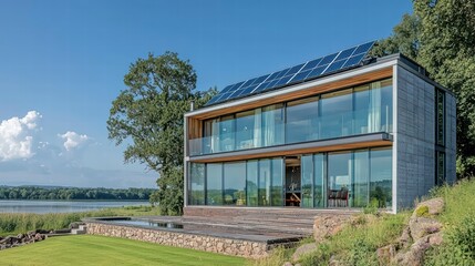Fototapeta premium Modern Lakeside Villa: A stunning contemporary home with expansive glass walls, solar panels, and a wooden deck overlooks a serene lake.