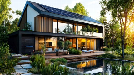 Fototapeta premium Modern Eco-Friendly House: A stunning modern home with solar panels, large windows, and a beautiful outdoor area including a pool and patio, showcasing sustainable living and architectural design. 