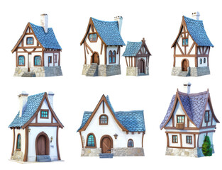 Fototapeta premium Charming Cottage Collection: Six charming, whimsical cottages, rendered in 3D, showcasing various styles and details.