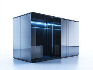 Modern Private Office Pod: Sleek, futuristic design of a private office pod, perfect for focused work or private calls in a shared workspace. Offers privacy and a professional atmosphere.