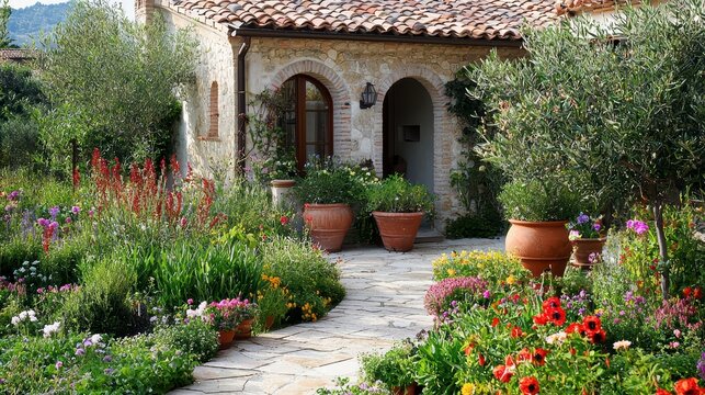 Tuscan Garden Paradise: A picturesque path winds through a vibrant Mediterranean garden, leading to a charming rustic villa with terracotta pots and archways, evoking tranquility and serenity. 