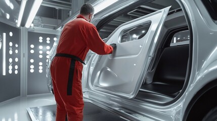 Automotive Assembly Line Technician Attaching a Car Door in Factory Setting