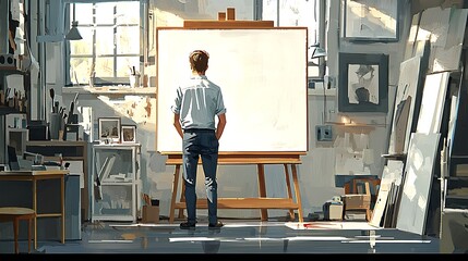 Artist Contemplating Blank Canvas in Sunlit Studio.