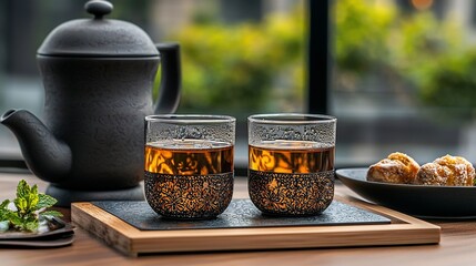 Two glasses of tea with teapot and pastries on wooden tray.