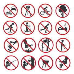 Bundle set isolated prohibition sign for park, outdoor, playground area