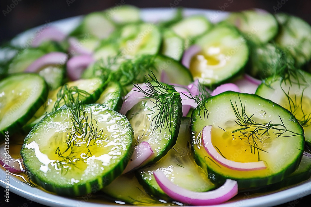 Poster refreshing cucumber salad with dill and red onion perfect for summer gatherings or picnics