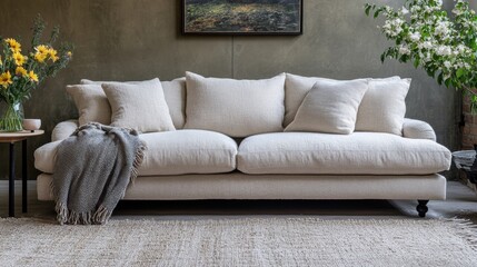 Cozy Living Room Sofa with Decorative Cushions and Blanket