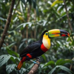 Obraz premium A vibrant toucan with its multicolored beak, side view, full body captured, sharp details, blurred jungle backdrop, taken with a DSLR.