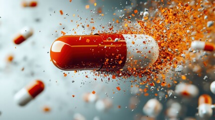 Abstract Colorful Explosion of Capsule with Orange Particles
