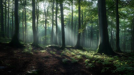 Obraz premium Seedlings growing in earthy soil with a serene woodland and morning light streaming through the trees