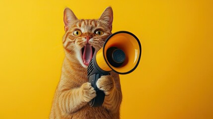 Funny cat holding a loudspeaker and screaming, creating a humorous and quirky visual perfect for memes, pet-related campaigns, or social media content. 