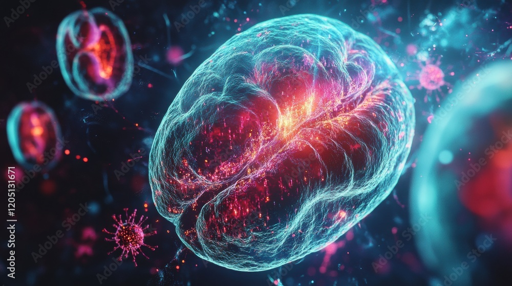 Poster colorful depiction of a human brain surrounded by viruses in a futuristic digital environment. gener