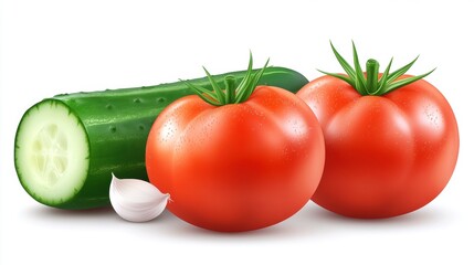 Fresh Vegetables Including Tomatoes, Cucumber, and Garlic on White Background